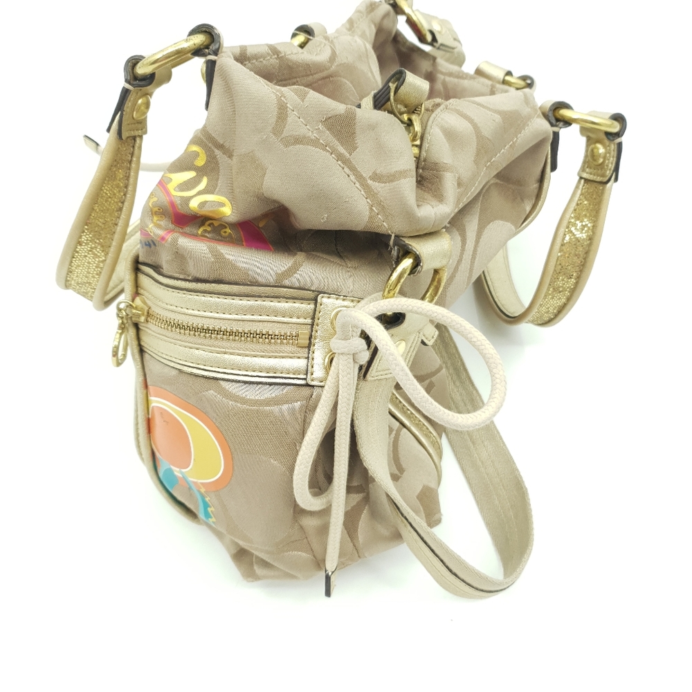 Coach Poppy Applique Purse Shoulder Bag Gold Sparkly Colorful Hearts Pink Inside - Picture 5 of 12
